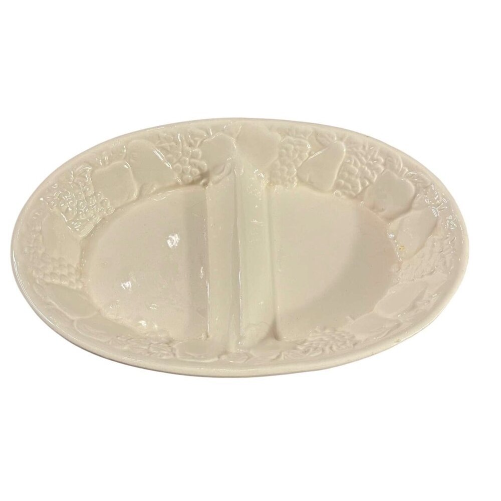 Vintage Almond Stoneware Divided Serving Dish Fruit Embossed